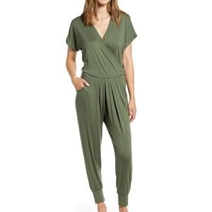 Loveapella Short Sleeve Surplice Wrap Top Jersey Knit Jumpsuit Olive Small New